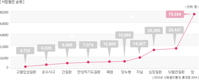 사망원인 순위-고혈압성질환:4,732, 운수사고:6,028, 간질환:6,665, 만성하기도질환:7,074, 폐렴:10,809, 당뇨병:10,888, 자살:14,427, 심장질환:25,365, 뇌혈관질환:25,447, 암:75,334 출처:[2013년 사망원인통계, 통계청 : 2014]
