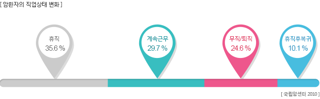 암환자의 직업상태 변화-휴직:35.6%, 계속 근무:29.7%, 무직/퇴직:24.6%, 휴직후복귀:10.1%, 자료:국립암센터 2010