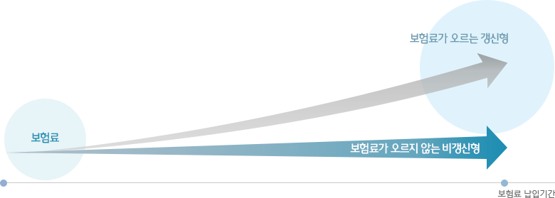 보험료 납입기간이 길수록 보험료가 오르는 갱신형, 보험료가 오르지않는 비갱신형이 있습니다.